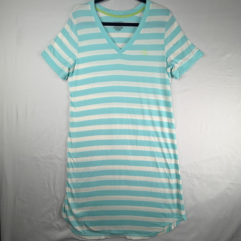 Lauren Ralph Lauren Aqua Blue White Striped V-Neck Sleep Shirt Nightgown L